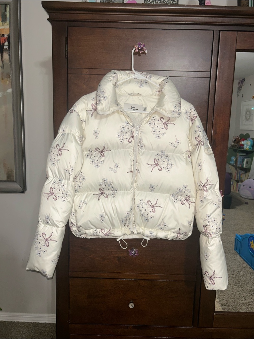 NWOT! Coach Off- White Floral Bow Print Puffer Jacket with Hood size S